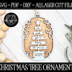 Merry Christmas Tree Ornament, Laser Cut Ornament, Glowforge File, Laser SVG, Christmas Ornament, Laser Ornament, Glowforge SVG, Christmas