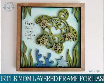 May include: A wooden framed artwork with a green turtle design and the words "Mom, Thanks for always having our backs." The frame includes blue and green aquatic elements. The frame is approximately 30 cm square.