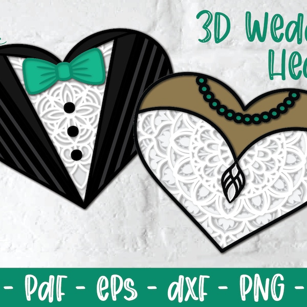 3D Wedding Heart Mandala SVG Bundle, Papercut Wedding SVG, 3D Mandala SVG, Wedding Dress svg, Tuxedo Svg, Anniversary Gift, Engagement Gift