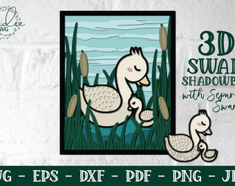 May include: A 3D shadowbox craft project featuring a mother swan and cygnet in a pond setting. The design includes separate swan cutouts for layering. The text "3D Swan Shadowbox with Separate Swans" is included in the image.