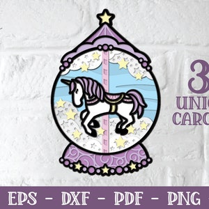3D Eenhoorn Carrousel, 3D Eenhoorn SVG, Gelaagde SVG, Gelaagde Eenhoorn, Eenhoorn Mandala, Papercut SVG, Papercut Eenhoorn, Carrousel Svg, Fantasie