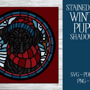 3D Winter Welpe Shadowbox, Black Lab SVG, Buntglas Shadowbox, 3D Hund SVG, Welpe Shadowbox, 3D Hund SVG, Buntglas SVG, Schnee SVG