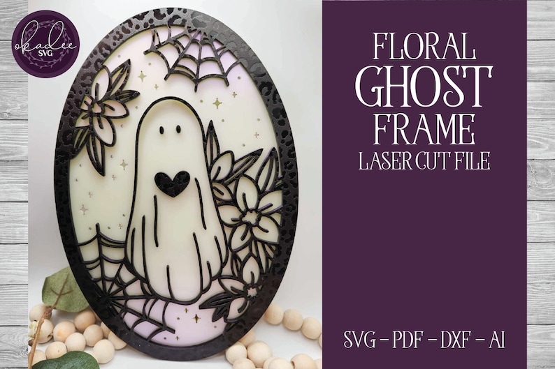 May include: A black and white laser cut design of a ghost with a heart, flowers, and a spiderweb in an oval frame. The design is on a light pink background. The text "FLORAL GHOST FRAME LASER CUT FILE SVG-PDF-DXF-AI" is in white text on a purple background.