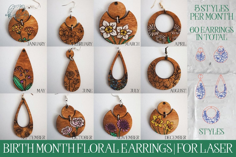 May include: A set of 60 laser cut wooden earrings featuring floral designs for each month of the year. The earrings are in various shapes, including circles, teardrops, and half-circles. Each earring is decorated with a different floral design, such as daffodils, roses, and lilies.