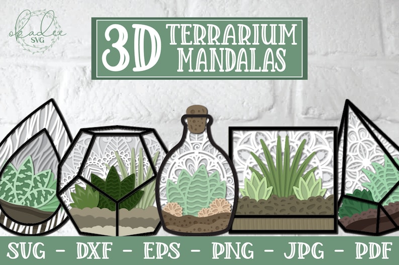 May include: Five 3D terrarium mandalas with intricate designs. Each terrarium features a different geometric shape, including a teardrop, a hexagon, a bottle, a square, and a pyramid. The terrariums are filled with green plants and brown soil.