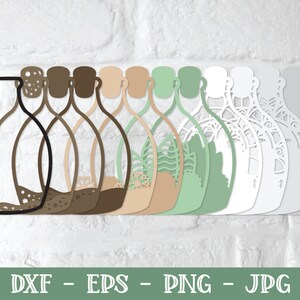 May include: A set of 10 layered SVG cut files of a bottle with a decorative design. The bottles are in various colors, including brown, beige, green, and white.