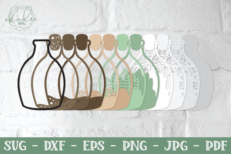 May include: A set of 10 layered SVG cut files of a bottle with a decorative design. The bottles are in various colors, including brown, beige, green, and white.