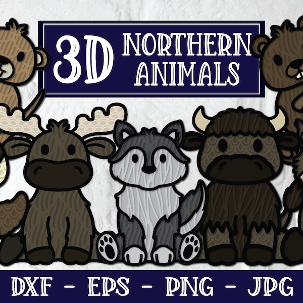 3D Northern Animals, 3D Mandala, 3D SVG, Layered Animal SVG, 3D Wolf, 3D Moose, 3D Beaver, Layered Mandala SVG, Wolf Svg, 3d Papercut, Dxf