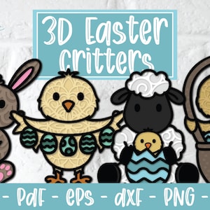Bundle de bestioles de Pâques 3D SVG, lapin de Pâques 3D, SVG de Pâques papercut, lapin de Pâques, poussin SVG, caneton, Svg mouton, agneau, panier de Pâques