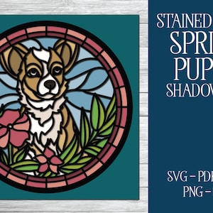 3D Frühling Welpe Schattenbox, Corgis SVG, Glasmalerei Schattenbox, 3D Hund SVG, Corgis Schattenbox, 3D Hund SVG, Glasmalerei zwar, Blumen Form