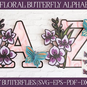3D Layered Alphabet, Floral Butterfly Alphabet, Papercut Alphabet, 3D Shadowbox SVG, 3D Butterfly SVG, 3D Flower SVG, Layered Flower SVG