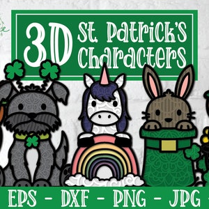 Personnages 3D de la Saint-Patrick, lutin 3D, lutin papercut, chien 3D SVG, trèfle papercut, mandala 3D SVG, mandala en couches SVG, Dxf