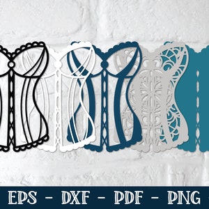 May include: Five different designs of a corset, each with a different pattern. The designs include a black and white striped corset, a white lace corset, a blue lace corset, a gray lace corset, and a solid blue corset.