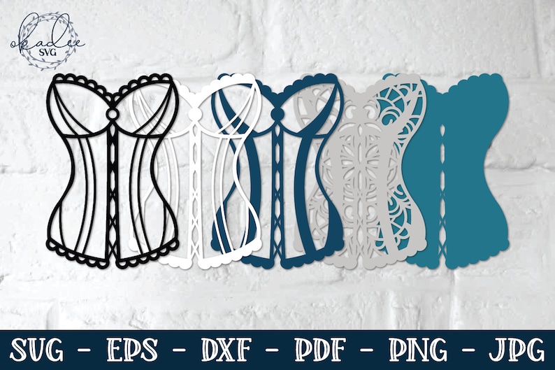 May include: Five different designs of a corset, each with a different pattern. The designs include a black and white striped corset, a white lace corset, a blue lace corset, a gray lace corset, and a solid blue corset.