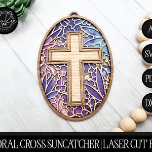 Kreuz-Laserdatei, Florale Kreuzschnittdatei, Laserkreuz SVG, Laserblumen-SVG, Glowforge-Kreuz, Glowforge-Sonnenfänger SVG, Jesus-Laser-Svg