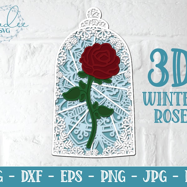 3D Winter Rose Mandala, Couches Rose Mandala, Rose Papercut, Enchanted Rose SVG, Snowflake Svg, Snowflake papercut, fantasy svg, winter svg