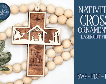 Nativity Cross Laser File, Laser Cut Nativity, Glowforge Nativity, Laser Cross SVG, Cross Cut File, Laser Ornament, Glowforge SVG, Ornament