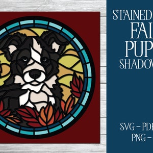 3D Herbst Welpe Shadowbox, Border Collie SVG, Buntglas Shadowbox, 3D Hund SVG, Collie Shadowbox, 3D Hund SVG, Buntglas SVG, Blätter SVG