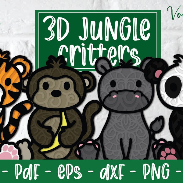 3D Jungle Critters Volume 2, Jungle Animal SVG, Jungle SVG Bundle, 3D Panda Svg, 3D Tiger Svg, 3D Monkey Svg, 3D Hippo Svg, Papercut Panda