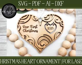 First Christmas Laser File, Laser Cut Ornament, Glowforge, Laser Christmas SVG, Heart Cut File, Laser Ornament, Glowforge Christmas