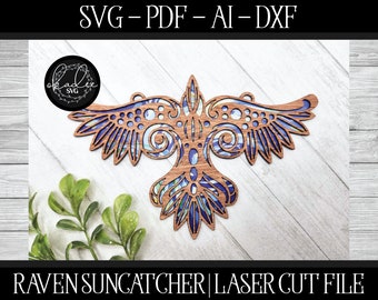 Laser Suncatcher SVG, Glowforge Suncatcher, Raven Suncatcher, Archivo cortado por láser, Archivo Raven Glowforge, Archivo cortado Suncatcher, Halloween láser