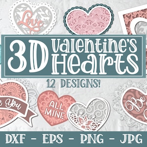 Pu&ograve; includere: Dodici design di cuori 3D per San Valentino in vari stili, tra cui floreale, geometrico e basato sul testo. I cuori sono in tonalit&agrave; di rosa, bianco e blu. Il testo sui cuori include "True Love", "I Love You", "All Mine" e "Be Mine".