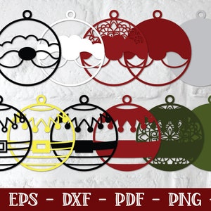 May include: A set of 10 Christmas ornament SVG cut files. The ornaments are in various styles, including a Santa Claus, a snowman, a reindeer, and a Christmas tree. The ornaments are all black and white.
