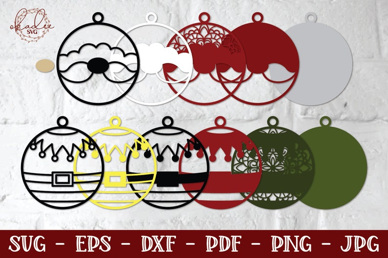 May include: A set of 10 Christmas ornament SVG cut files. The ornaments are in various styles, including a Santa Claus, a snowman, a reindeer, and a Christmas tree. The ornaments are all black and white.