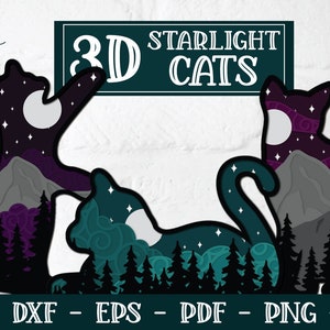 Chats 3D Starlight, Mandala 3D, SVG 3D, Svg de chat 3D, Svg en couches, Svg papercut, chat en couches, mandala de chat SVG, chat papercut, mandala de montagne