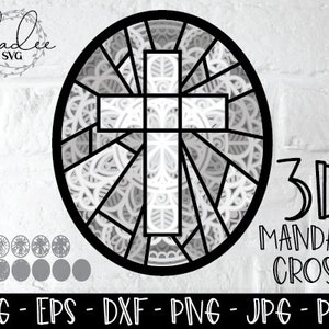 3D Cross Mandala SVG, Cruz en capas SVG, Cruz de vidrieras, Mandala 3D, Mandala en capas, SVG religioso, Regalo de bautismo, Cruz de corte de papel, Dxf