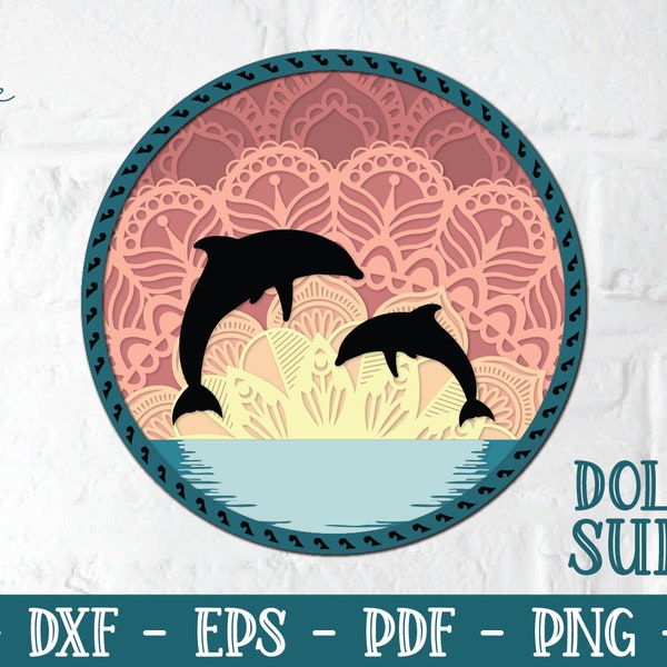 3D Dolphin Sunset SVG, Dolphin Mandala SVG, Sunset Mandala SVG, Sunset en capas, Delfín en capas, Svg de delfín 3D, Papercut Svg, Svg en capas