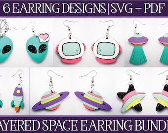 May include: Six layered space-themed earring designs in SVG and PDF format. The designs include an alien with hearts, an astronaut helmet, a UFO, a rocket ship, a planet with rings, and a star.