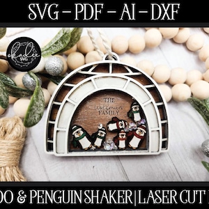 Archivo Shaker de pingüino, Shaker cortado con láser, adorno Glowforge, archivo Shaker, paquete de adornos, adorno familiar, archivo personalizado