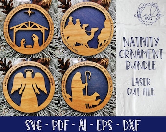 Natividad ornamento paquete, archivo de corte láser, ornamento de Navidad Glowforge, adorno de Jesús, ornamento de ángel, ornamento religioso SVG DXF EPS
