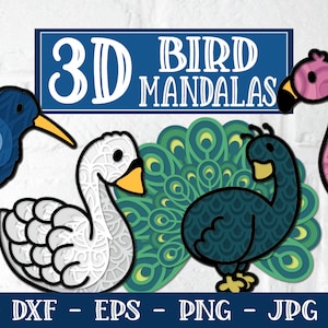 Bundle 3D oiseau SVG, 3D paon, Svg 3D flamant rose, colibri 3D Svg, 3D mandala Svg, paon mandala Svg, flamant rose Svg, papier découpé