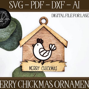 Fichier découpé au laser, Glowforge, Ornement de poulet, Ornement au laser, Ornement découpé au laser, Joyeux poulet, Poulet découpé au laser, Ornement de ferme, Poulet