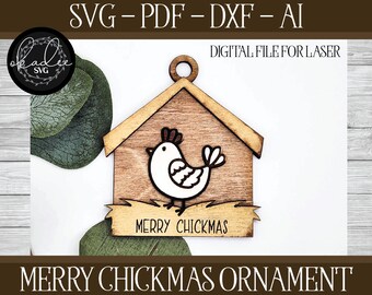 Laser Cut File, Glowforge, Chicken Ornament, Laser Ornament, Laser Cut Ornament, Merry Chicken, Laser Cut Chicken, Farm Ornament, Chicken
