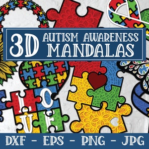 3D Autism Awareness Mandala Bundle, 3D Autism Mandala, 3D Puzzle Piece, Layered Mandala, 3D Mandala SVG, Autism SVG, Papercut Mandala, DXF