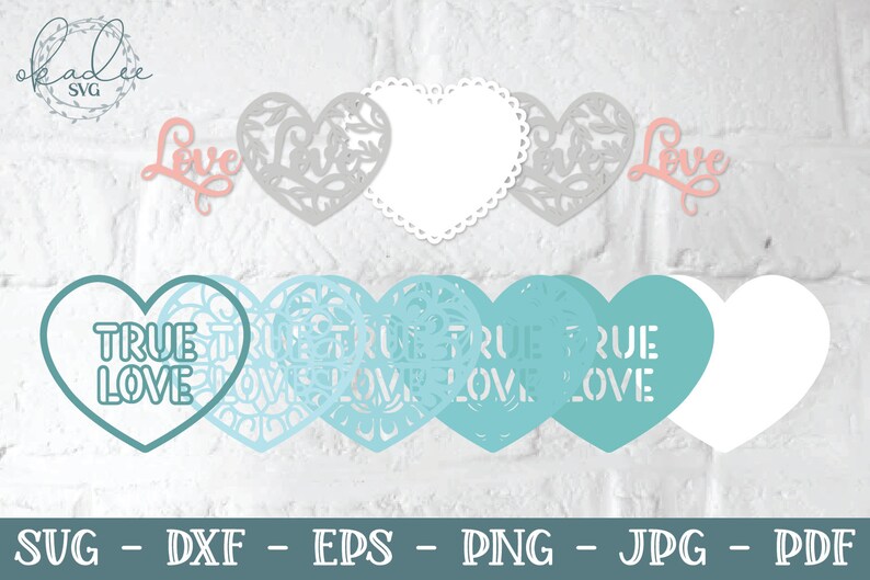 Pu&ograve; includere: Un set di 10 file di taglio a forma di cuore stampabili per l'artigianato. I cuori presentano diversi design, tra cui un cuore semplice, un cuore con un motivo a pizzo e un cuore con le parole "True Love".