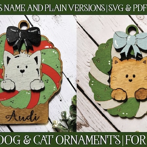 Laser Cut Ornament, Christmas Laser SVG, Laser Cut Wreath, Cute Pet Ornament, Dog SVG, Christmas SVG, Glowforge Svg, Pet Ornament Svg, Cat