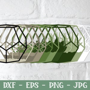 May include: A set of layered geometric shapes in various shades of green, beige, and white. The shapes are arranged in a row, with the largest shape at the back and the smallest shape at the front. The shapes are all in the form of a hexagon with a geometric pattern inside.