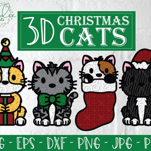 Lot de chats de Noël 3D SVG, mandala chat en couches, chaton 3D SVG, mandala de Noël, SVG de Noël 3D, décoration de Noël, décoration, Dxf