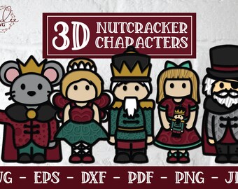 May include: A set of five 3D Nutcracker characters, including a mouse king, a ballerina, a nutcracker soldier, a girl holding a nutcracker, and a pirate nutcracker. The characters are all in a cartoon style and are colored in shades of red, green, gold, and black.