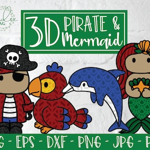 Sirena 3D SVG, Pirata 3D, Sirena a strati Svg, Mandala sirena, Sirena papercut, Delfino 3D Svg, Mandala delfino, Pappagallo Svg, Mandala 3d
