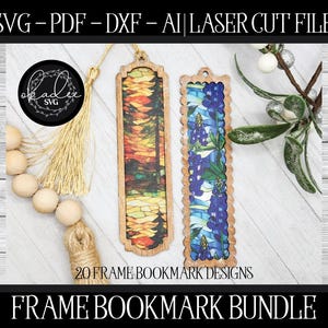 May include: Two wooden frame bookmarks with colorful designs. One features a sunflower pattern, the other a blue floral design. The image also includes a logo, wooden beads, and the text "20 FRAME BOOKMARK DESIGNS" and "FRAME BOOKMARK BUNDLE".