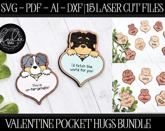 Könnte beinhalten: Eine Sammlung von lasergeschnittenen Valentinstags-Taschenumarmungen aus Holz. Das Bild zeigt herzförmige Designs mit Hunde-Illustrationen und Sätzen wie "You're un-forgettable!" und "I'd fetch the world for you!". Das Bundle enthält 15 Laser-Cut-Dateien.