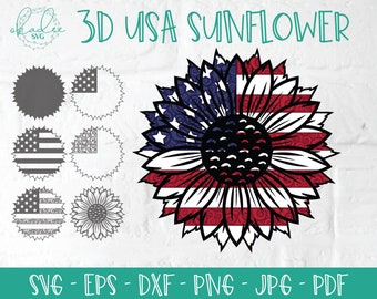 3D USA Sonnenblume SVG, 3D Mandala SVG, Sonnenblume Mandala Svg, geschichtete Mandala Svg, 4. Juli Svg, patriotische Svg, Amerika Svg, Usa Flagge Svg