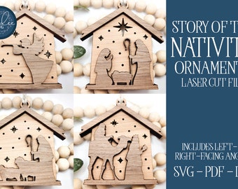 May include: Four laser cut wooden ornaments depicting the story of the nativity. The ornaments feature a stable, a star, a shepherd, Mary, Joseph, a donkey, a camel, and an angel. The ornaments are labeled "Story of the Nativity Ornaments Laser Cut File" and "Includes Left- & Right-Facing Angels SVG-PDF-DXF".