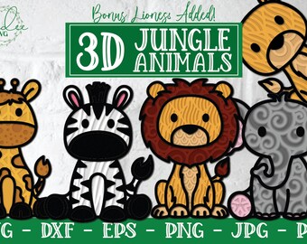 3D Jungle Animal Bundle, Layered Jungle Animals, 3D Lion, 3D Zebra, 3D Giraffe, 3D Elephant, Nursery Decor, Baby Shower Gift, DXF, Cut File
