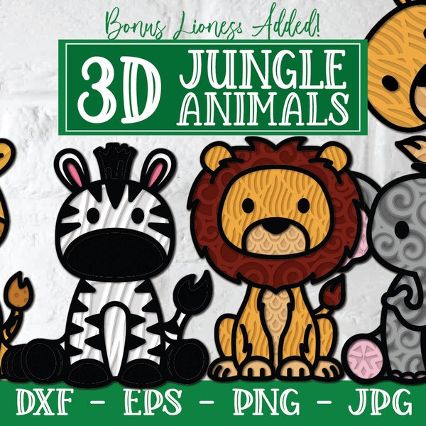 3D Jungle Animal Bundle, Layered Jungle Animals, 3D Lion, 3D Zebra, 3D Giraffe, 3D Elephant, Nursery Decor, Baby Shower Gift, DXF, Cut File